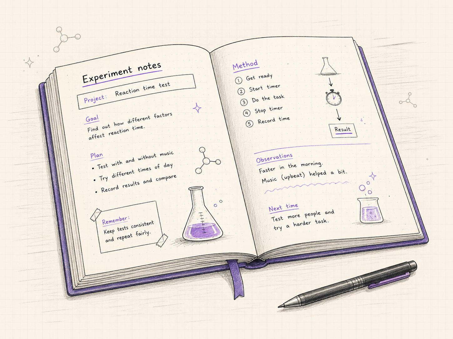 Open experiment notebook with notes and sketches